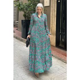 Madmext MG2029 Yeşil Bilekleri Lastikli Yarım Düğmeli Polo Yaka Çiçekli Elbise