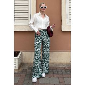 Madmext MG2051 Yeşil Desenli Beli Lastikli Bol Paça Pantolon