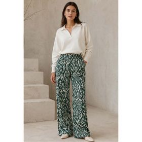 Madmext MG2051 Yeşil Desenli Beli Lastikli Bol Paça Pantolon