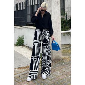 Madmext MG2051 Yeşil Desenli Beli Lastikli Bol Paça Pantolon