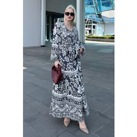Madmext MG2055 Siyah Oversize Desenli Uzun Elbise
