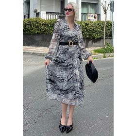 Madmext MG2065 Gri Kruvaze Yaka Desenli Şifon Elbise