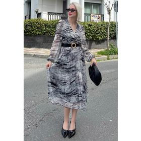 Madmext MG2065 Gri Kruvaze Yaka Desenli Şifon Elbise