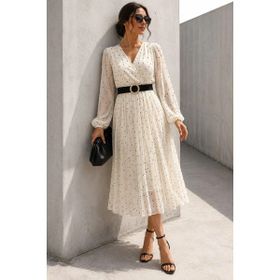 Madmext MG2065 Krem Kruvaze Yaka Puantiyeli Şifon Elbise