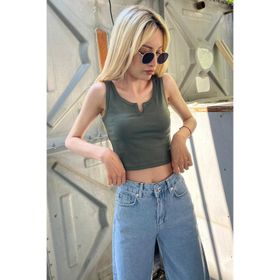 Madmext MG362 Mad Girls Önü Detaylı Haki Crop Top
