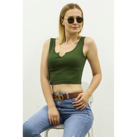 Madmext MG362 Mad Girls Önü Detaylı Haki Crop Top