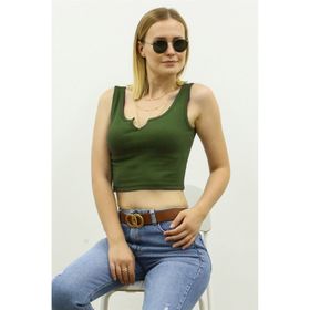 Madmext MG362 Mad Girls Önü Detaylı Haki Crop Top
