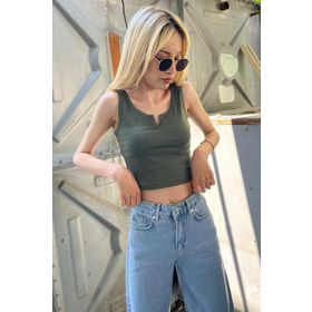 Madmext MG362 Mad Girls Önü Detaylı Haki Crop Top