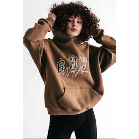 Madmext MG812 Kahverengi Nakışlı Kapüşonlu Erkek Sweatshirt