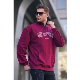 Madmext T6026 Bordo Fermuar Yakalı Nakışlı Erkek Sweatshirt