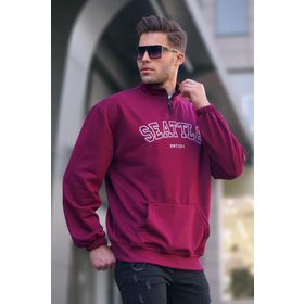 Madmext T6026 Bordo Fermuar Yakalı Nakışlı Erkek Sweatshirt