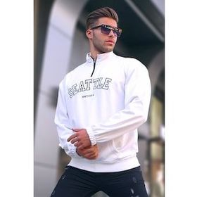 Madmext T6026 Ekru Fermuar Yakalı Nakışlı Erkek Sweatshirt