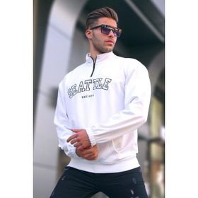 Madmext T6026 Ekru Fermuar Yakalı Nakışlı Erkek Sweatshirt