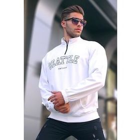 Madmext T6026 Ekru Fermuar Yakalı Nakışlı Erkek Sweatshirt