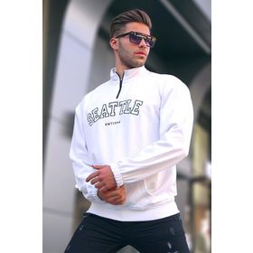 Madmext T6026 Ekru Fermuar Yakalı Nakışlı Erkek Sweatshirt