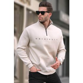 Madmext T6028 Bej Fermuar Yaka Nakışlı Erkek Sweatshirt