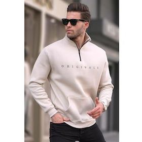 Madmext T6028 Bej Fermuar Yaka Nakışlı Erkek Sweatshirt