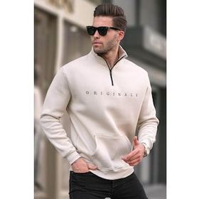Madmext T6028 Bej Fermuar Yaka Nakışlı Erkek Sweatshirt