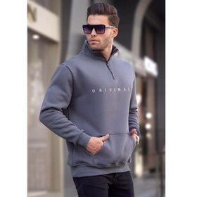Madmext T6028 Füme Fermuar Yaka Nakışlı Erkek Sweatshirt
