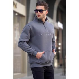 Madmext T6028 Füme Fermuar Yaka Nakışlı Erkek Sweatshirt