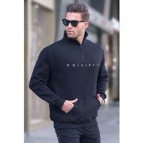 Madmext T6028 Siyah Fermuar Yaka Nakışlı Erkek Sweatshirt