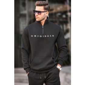 Madmext T6028 Siyah Fermuar Yaka Nakışlı Erkek Sweatshirt
