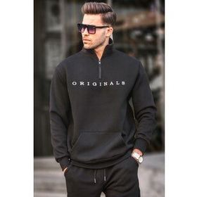 Madmext T6028 Siyah Fermuar Yaka Nakışlı Erkek Sweatshirt