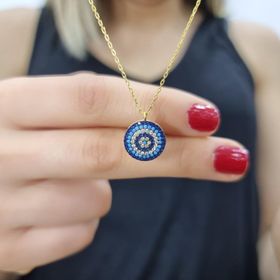 MaGümüş 925 Nazar Gold Kaplama 925 Ayar Zirkon Taşlı Gümüş Kolye