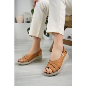 Mammamia D24YS 1385 Taba Kadın Deri Dolgu Topuklu Comfort Sandalet