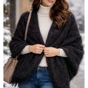 Mandaş Style Siyah El Dokuma Angora Bayan Şalı