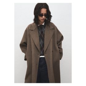 Mango 67020446 El yapımı Oversize Yün Bej Kadın Palto