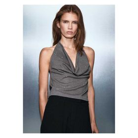 Mango Drape Yaka Taşlı Siyah Kadın Bluz