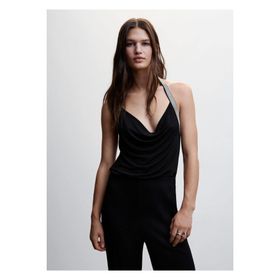 Mango Drape Yaka Taşlı Siyah Kadın Bluz
