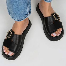 Manijero Begonia Siyah Deri Tokalı Kadın Terlik
