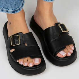 Manijero Begonia Siyah Deri Tokalı Kadın Terlik