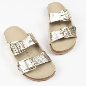 Manijero Croco Gold Hakiki Deri Çift Tokalı Crocodile Kadın Terlik