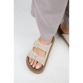 Manijero Lavanda 2 Kadın Hakiki Deri Çift Tokalı Bej Terlik