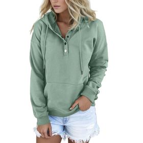 MaNMaNing 2023 Vintage Çanta İpli Kuş Tüyü Kapüşonlu V Düğmeli Nane Yeşili Kadın Sweatshirt
