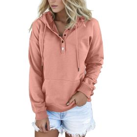 MaNMaNing 2023 Vintage Çanta İpli Kuş Tüyü Kapüşonlu V Düğmeli Pembe Kadın Sweatshirt