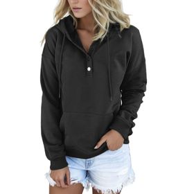 MaNMaNing 2023 Vintage Çanta İpli Kuş Tüyü Kapüşonlu V Düğmeli Siyah Kadın Sweatshirt