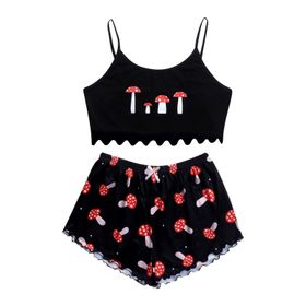 MaNMaNing B0C6M4L5Z6 Kırmızı Siyah Renk Açık Omuz Mantar Desenli Pamuklu Kadın Pijama Takımı