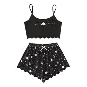 MaNMaNing B0C6M4L5Z6 Siyah Renk Açık Omuz Yıldız Desenli Pamuklu Kadın Pijama Takımı
