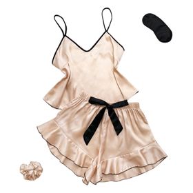 MaNMaNing B0C6M5QKLB B Model Bej Renk Açık Omuzlu İpek Kumaş Dantelli Kadın Pijama Takımı