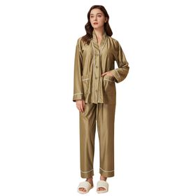 MaNMaNing B0C6M5QKLB Kahverengi Renk Pamuk Kumaş Uzun Kollu Saten Düğmeli Kadın Pijama Takımı