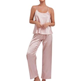 MaNMaNing B0C6M5QKLB Pudra Renk Açık Omuz Üst + Kısa Alt Saten Kadın Pijama Takımı