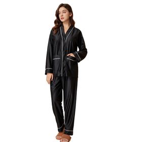 MaNMaNing B0C6M5QKLB Siyah Renk Pamuk Kumaş Uzun Kollu İpek Düğmeli Kadın Pijama Takımı