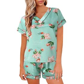 MaNMaNing B0C6M5QKLB Turkuaz Renk Çiçek Desenli Saten Kumaş Kısa Kadın Pijama Takımı