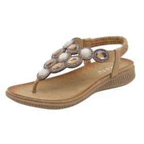 MaNMaNing Bling Rhinestone Strappy Düz Toka Tıknaz Topuklu Rahat Açık Burun Kahverengi Kadın Sandalet