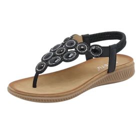 MaNMaNing Bling Rhinestone Strappy Düz Toka Tıknaz Topuklu Rahat Açık Burun Siyah Kadın Sandalet
