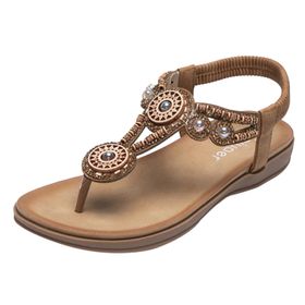 MaNMaNing Bohemia Flip Flog Düz Çiçek Kristal Tasarım Hafif Rahat Kahverengi Kadın Sandalet